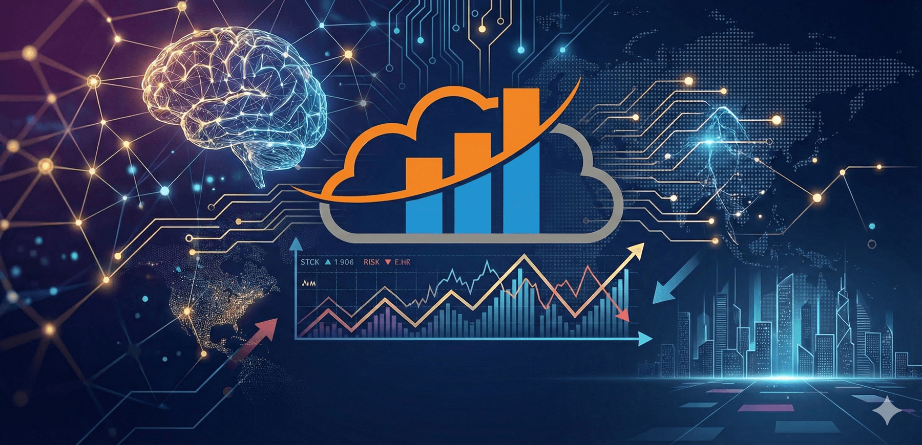 Offprem Technology logo with connected lights city and brain in the background